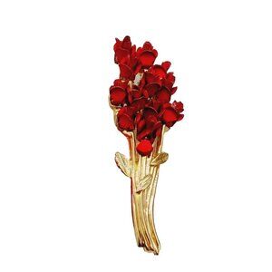 DM 97 Red Roses Flowers Gold Tone Pin Brooch